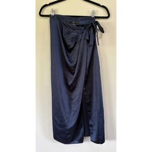 Mango MNG Navy Blue Satin Wrap Midi Skirt Side Tie Draped Front Womens Size S